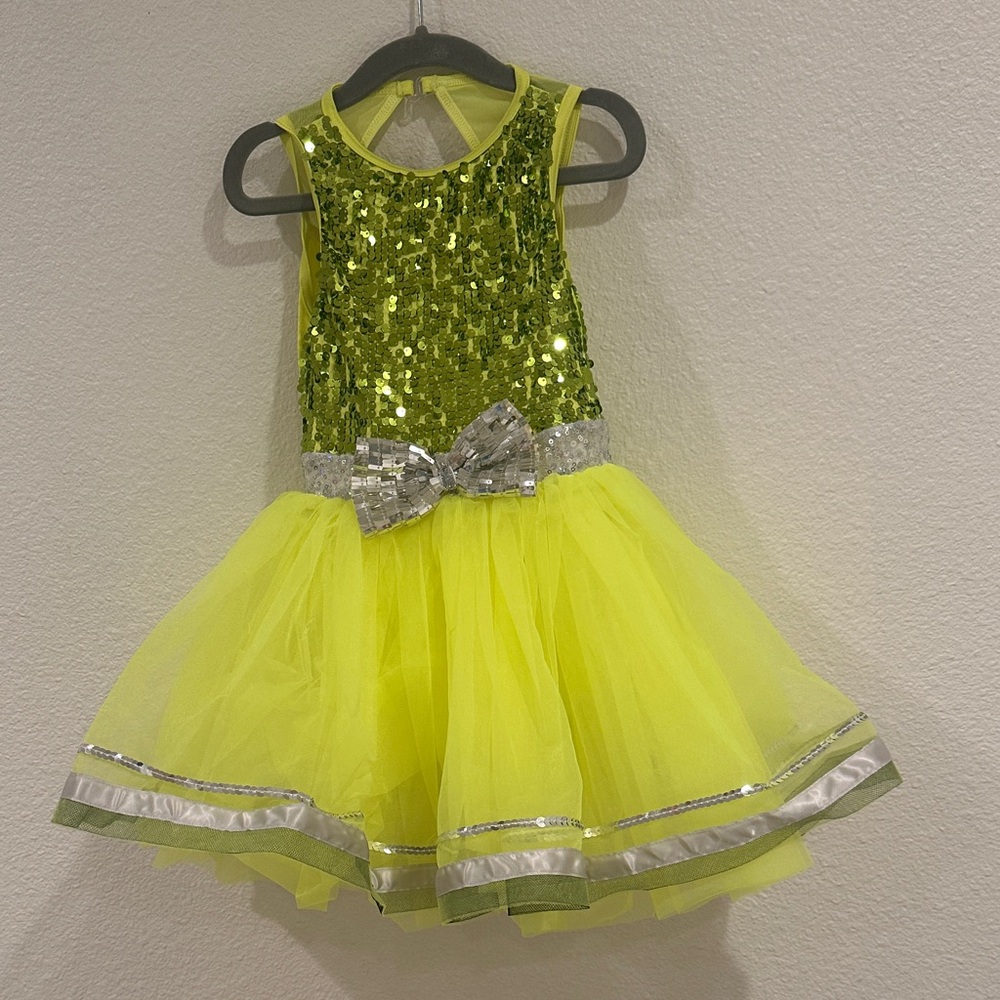 Sparkling Sequin Kids Dance Costume Dress - Yellow and Silver
